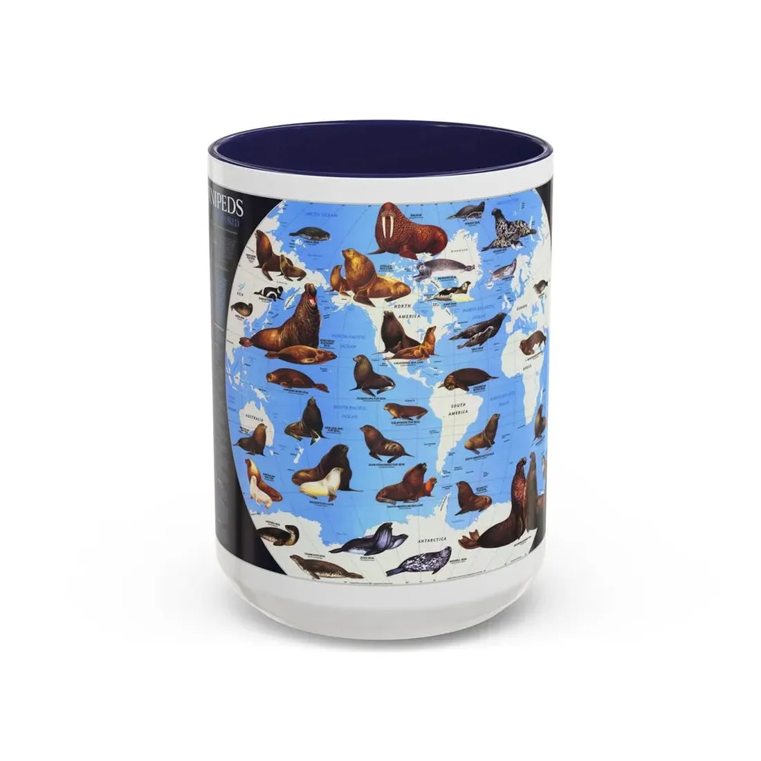 Pinnipeds Around the World (1987) (Map) Accent Coffee Mug 15oz Navy - Go Mug Yourself
