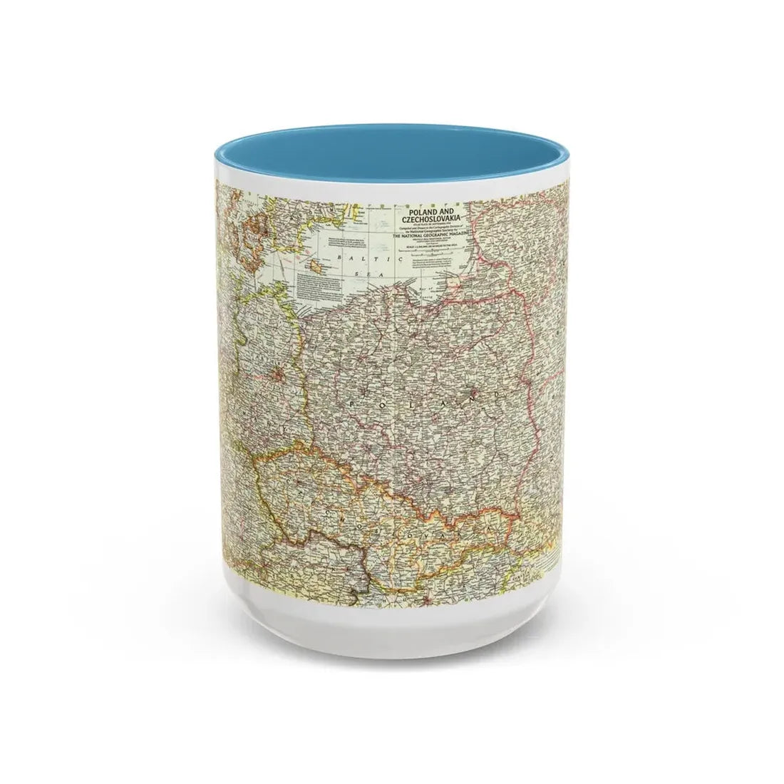 Poland and Czechoslovakia (1958) (Map) Accent Coffee Mug 15oz Light Blue - Go Mug Yourself