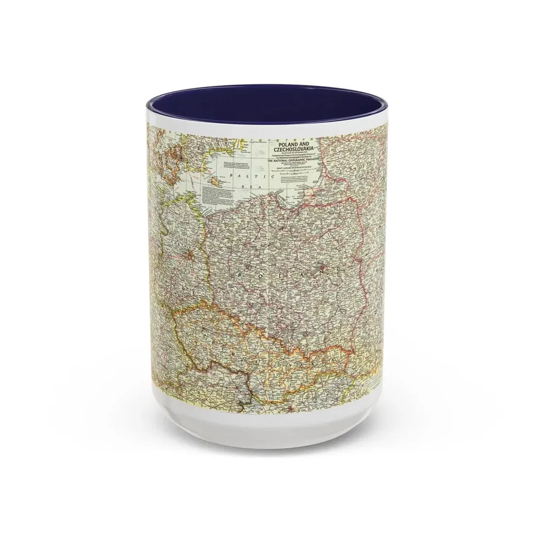 Poland and Czechoslovakia (1958) (Map) Accent Coffee Mug 15oz Navy - Go Mug Yourself