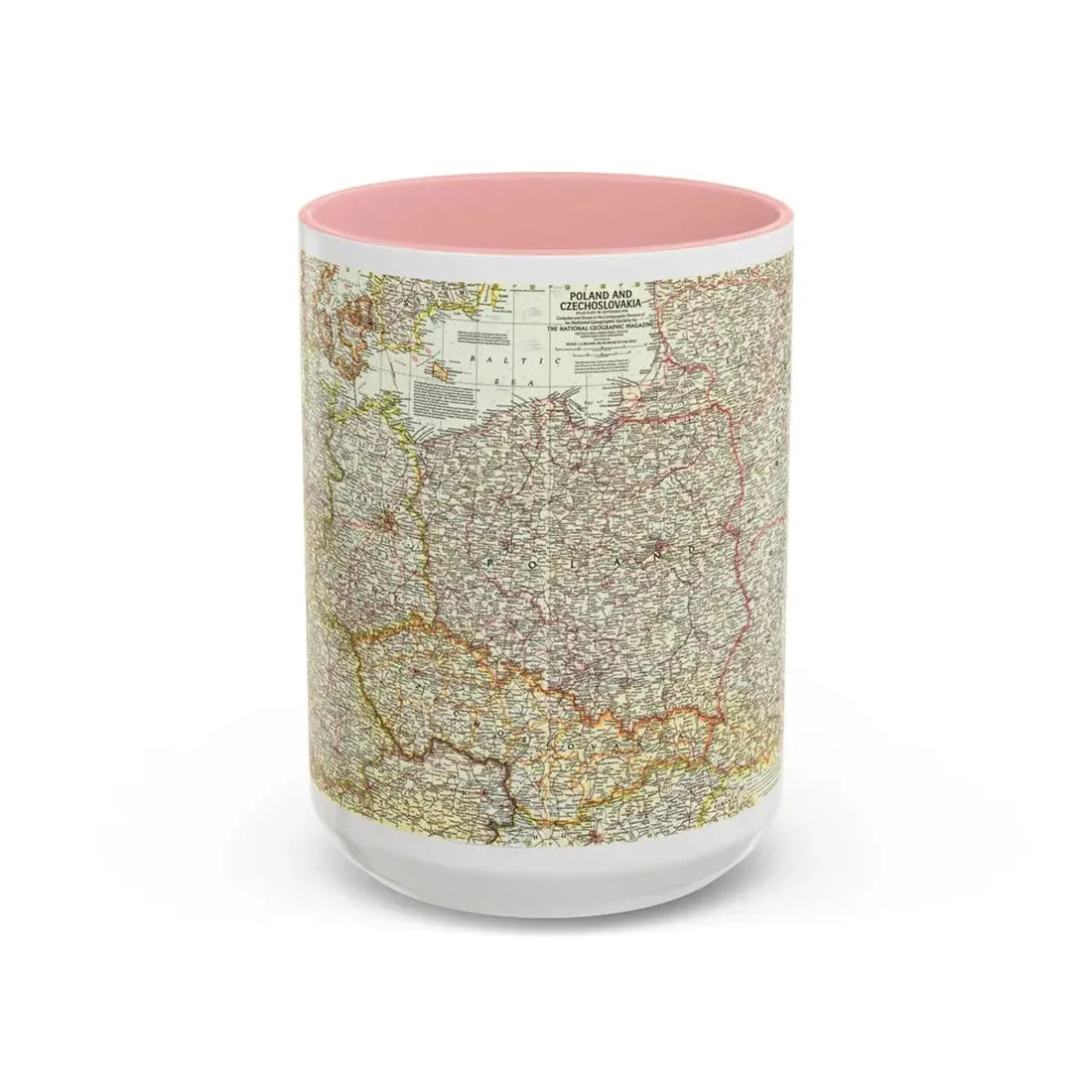 Poland and Czechoslovakia (1958) (Map) Accent Coffee Mug 15oz Pink - Go Mug Yourself