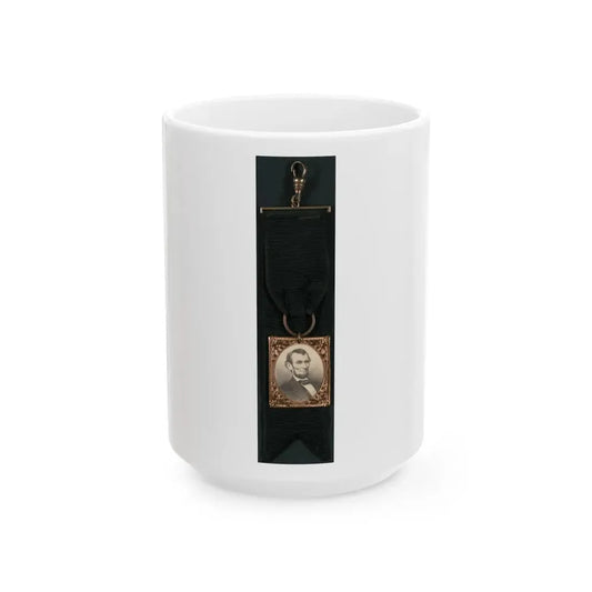 Portrait Of Abraham Lincoln Attached To Black Ribbon (U.S. Civil War) White Coffee Mug 15oz - Go Mug Yourself