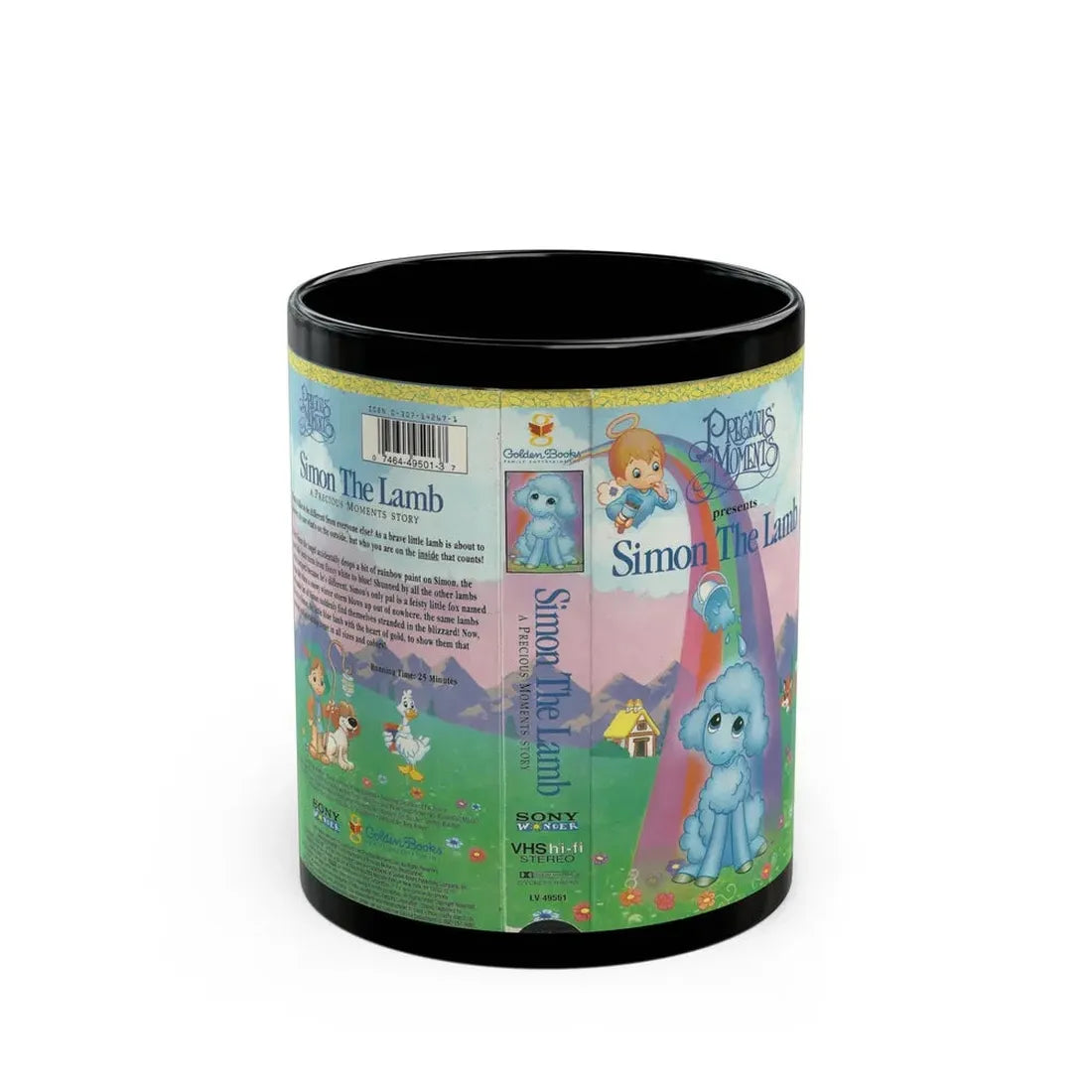 PRECIOUS MOMENTS PRESENTS SIMON THE LAMB (VHS COVER) - Black Coffee Mug 11oz - Go Mug Yourself
