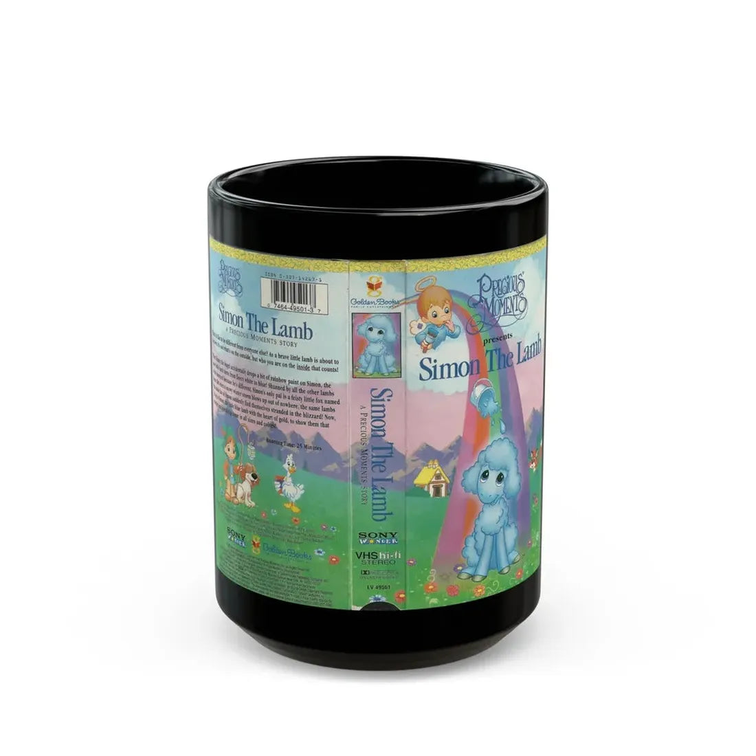 PRECIOUS MOMENTS PRESENTS SIMON THE LAMB (VHS COVER) - Black Coffee Mug 15oz - Go Mug Yourself