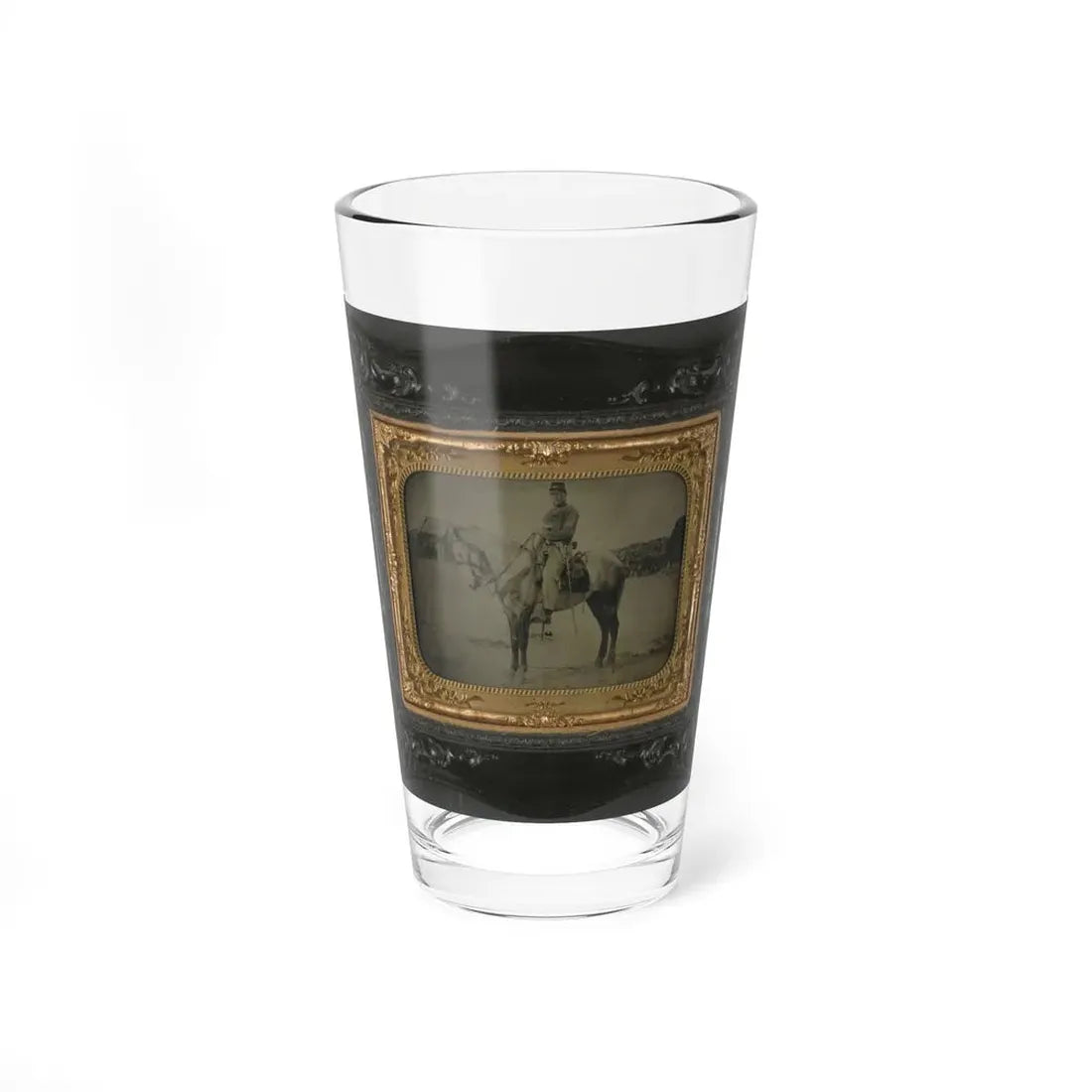 Private Levi F. Hocker Of Co. F, 17th Pennsylvania Cavalry Regiment, In Uniform With Pistol And Sword, On Horseback (U.S. Civil War) Pint Glass 16oz 16oz - Go Mug Yourself