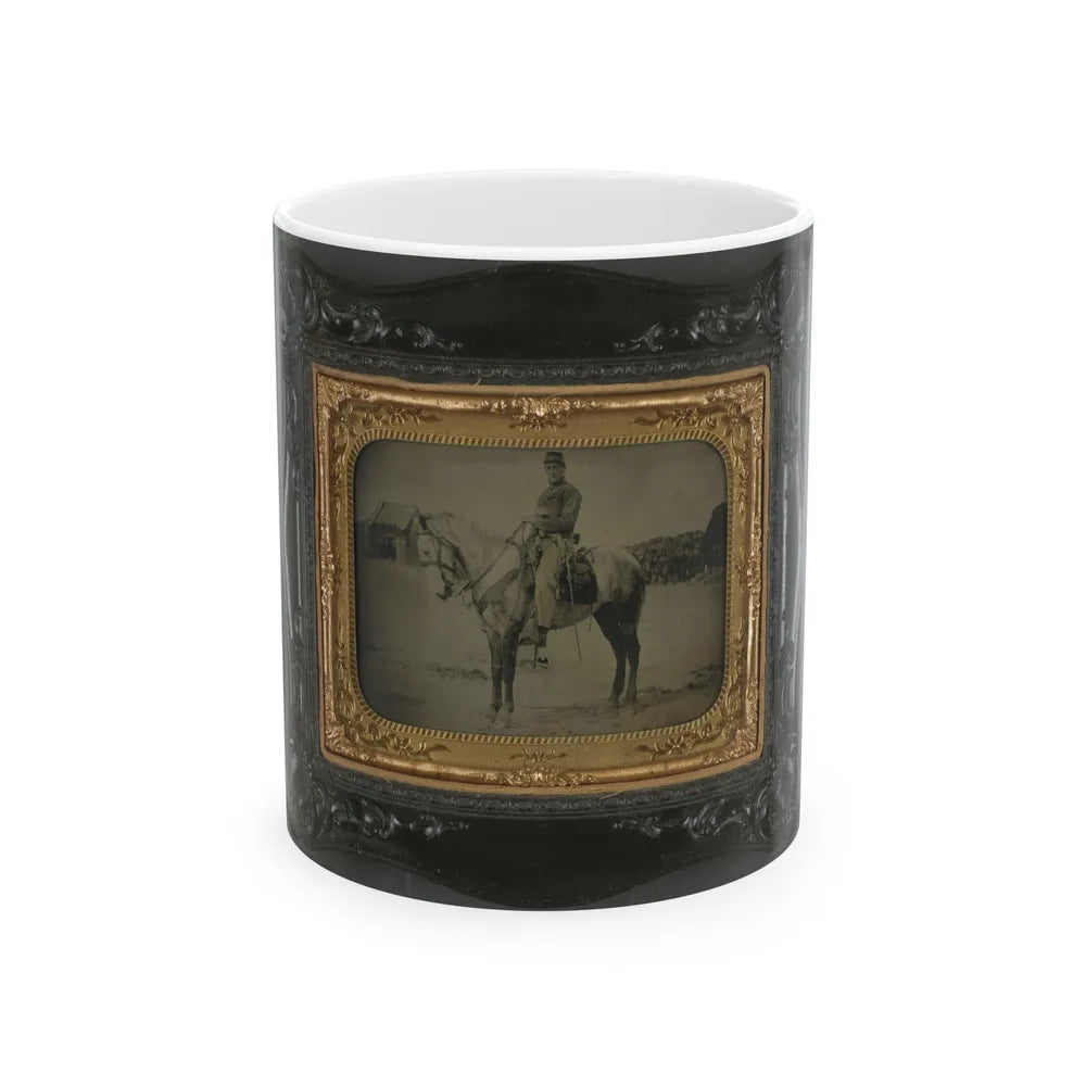 Private Levi F. Hocker Of Co. F, 17th Pennsylvania Cavalry Regiment, In Uniform With Pistol And Sword, On Horseback (U.S. Civil War) White Coffee Mug-11oz-Go Mug Yourself