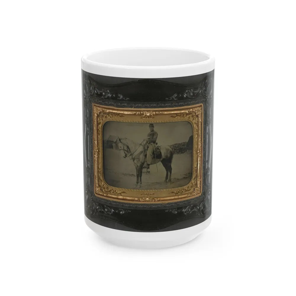Private Levi F. Hocker Of Co. F, 17th Pennsylvania Cavalry Regiment, In Uniform With Pistol And Sword, On Horseback (U.S. Civil War) White Coffee Mug-15oz-Go Mug Yourself