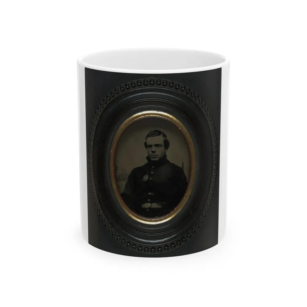 Private Roscoe G. Davenport Of Company H, 21st Maine Infantry In Front Of Painted Backdrop Showing Rugged Coast (U.S. Civil War) White Coffee Mug-11oz-Go Mug Yourself