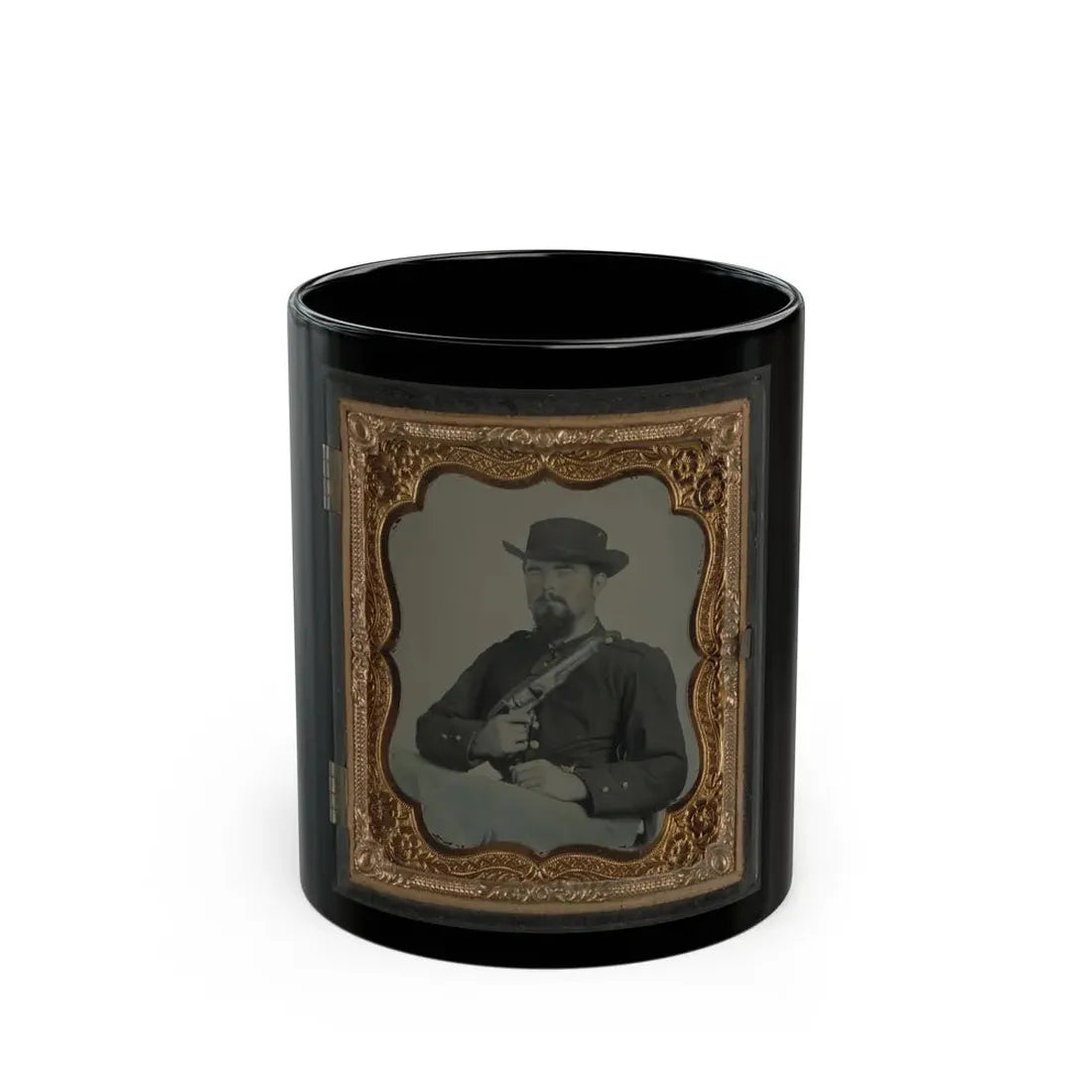 Private William B. Todd Of Company E, 9th Virginia Cavalry Regiment With Colt Army Revolver And Smoking A Cigar (U.S. Civil War) Black Coffee Mug 11oz - Go Mug Yourself