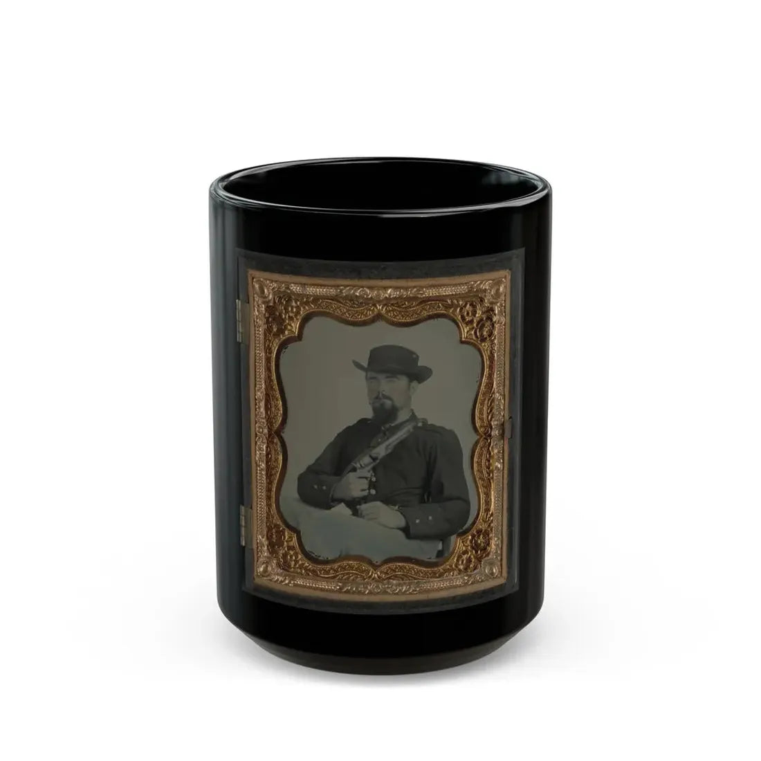 Private William B. Todd Of Company E, 9th Virginia Cavalry Regiment With Colt Army Revolver And Smoking A Cigar (U.S. Civil War) Black Coffee Mug 15oz - Go Mug Yourself
