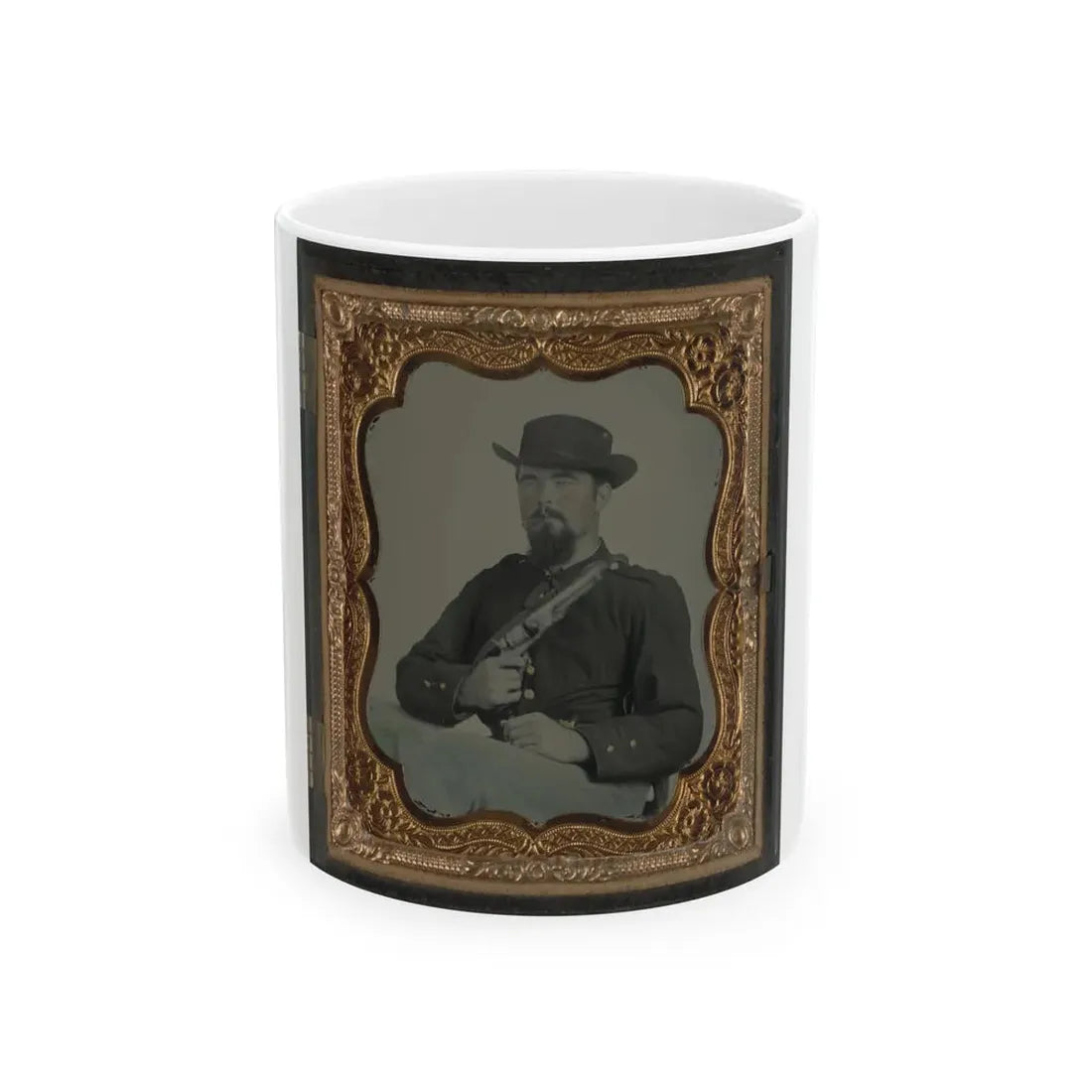 Private William B. Todd Of Company E, 9th Virginia Cavalry Regiment With Colt Army Revolver And Smoking A Cigar (U.S. Civil War) White Coffee Mug 11oz - Go Mug Yourself