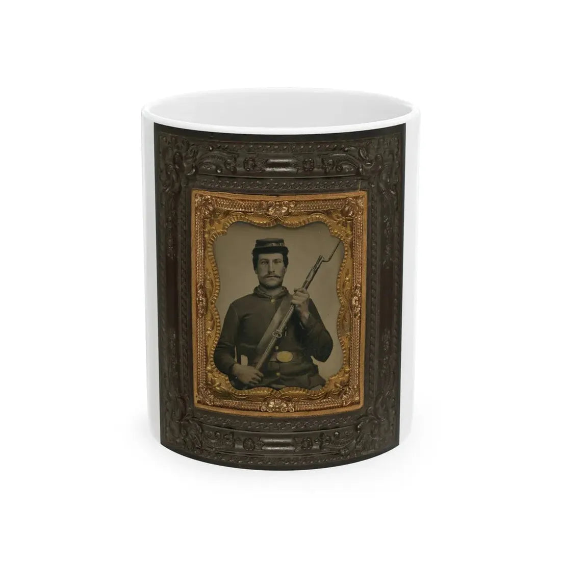 Private William F. Bower Of Company D, 21st Ohio Regiment Infantry Volunteers, With Bayoneted Musket (U.S. Civil War) White Coffee Mug 11oz - Go Mug Yourself
