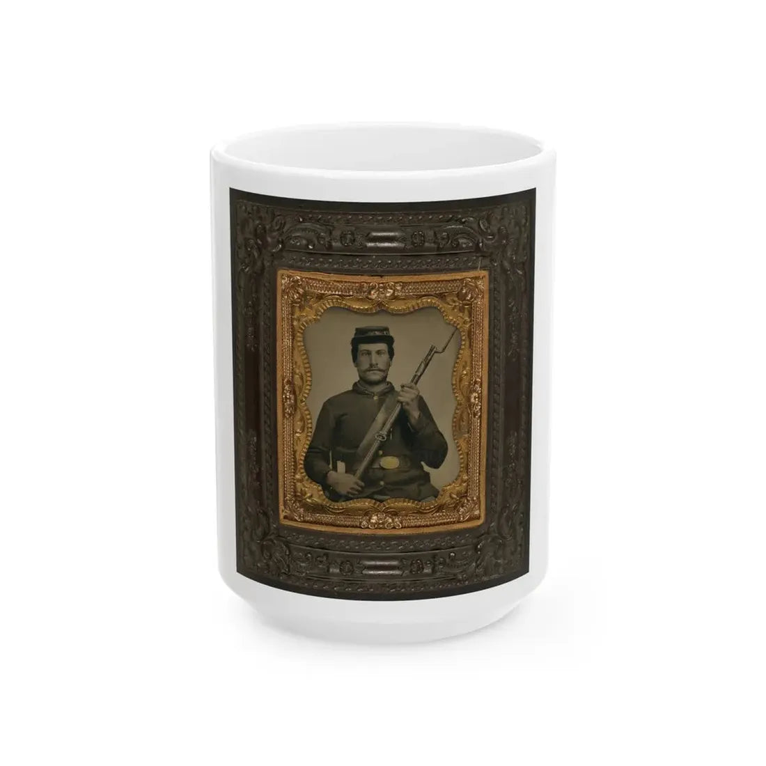 Private William F. Bower Of Company D, 21st Ohio Regiment Infantry Volunteers, With Bayoneted Musket (U.S. Civil War) White Coffee Mug 15oz - Go Mug Yourself