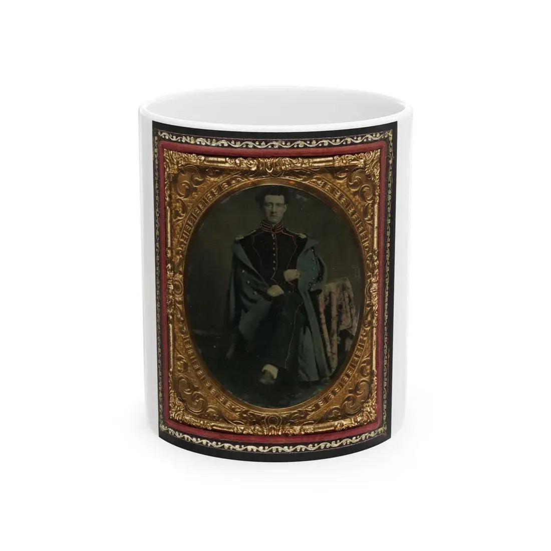 Private William P. Haberlin Of Battery B, Pennsylvania Light Artillery In Uniform With Shoulder Scales And Great Coat (U.S. Civil War) White Coffee Mug 11oz - Go Mug Yourself