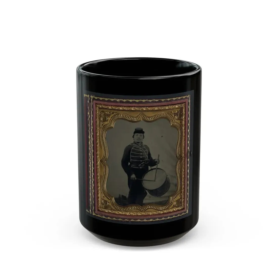 Private William V. Haines Of Company H, 49th Ohio Infantry Regiment, In Uniform And Ohio Volunteer Militia Belt Buckle With Drum (U.S. Civil War) Black Coffee Mug 15oz - Go Mug Yourself