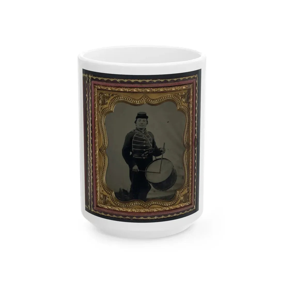 Private William V. Haines Of Company H, 49th Ohio Infantry Regiment, In Uniform And Ohio Volunteer Militia Belt Buckle With Drum (U.S. Civil War) White Coffee Mug 15oz - Go Mug Yourself