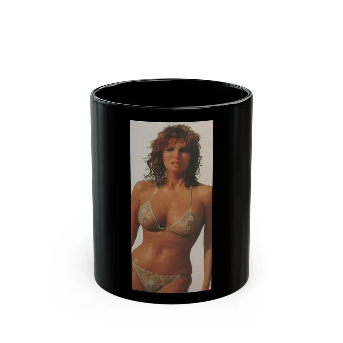 Raquel Welch #417 - Cirac 70's Small Magazine Clipping See through wet bikini top (Vintage Female Icon) Black Coffee Mug 11oz - Go Mug Yourself