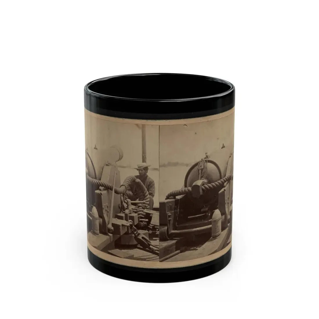 Rear View Of A Cannon With A Soldier Sitting Adjacent To It Facing Forward (U.S. Civil War) Black Coffee Mug 11oz - Go Mug Yourself