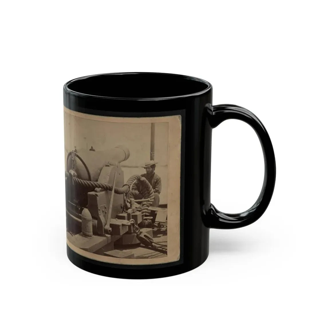 Rear View Of A Cannon With A Soldier Sitting Adjacent To It Facing Forward (U.S. Civil War) Black Coffee Mug - Go Mug Yourself