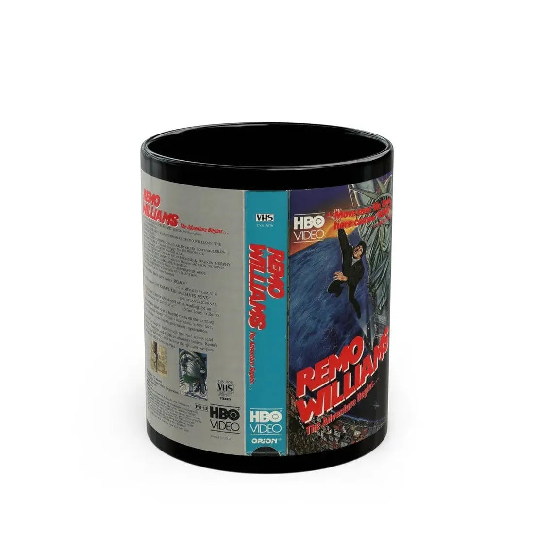 REMO WILLIAMS THE ADVENTURE BEGINS HBO VIDEO (VHS COVER) - Black Coffee Mug 11oz - Go Mug Yourself
