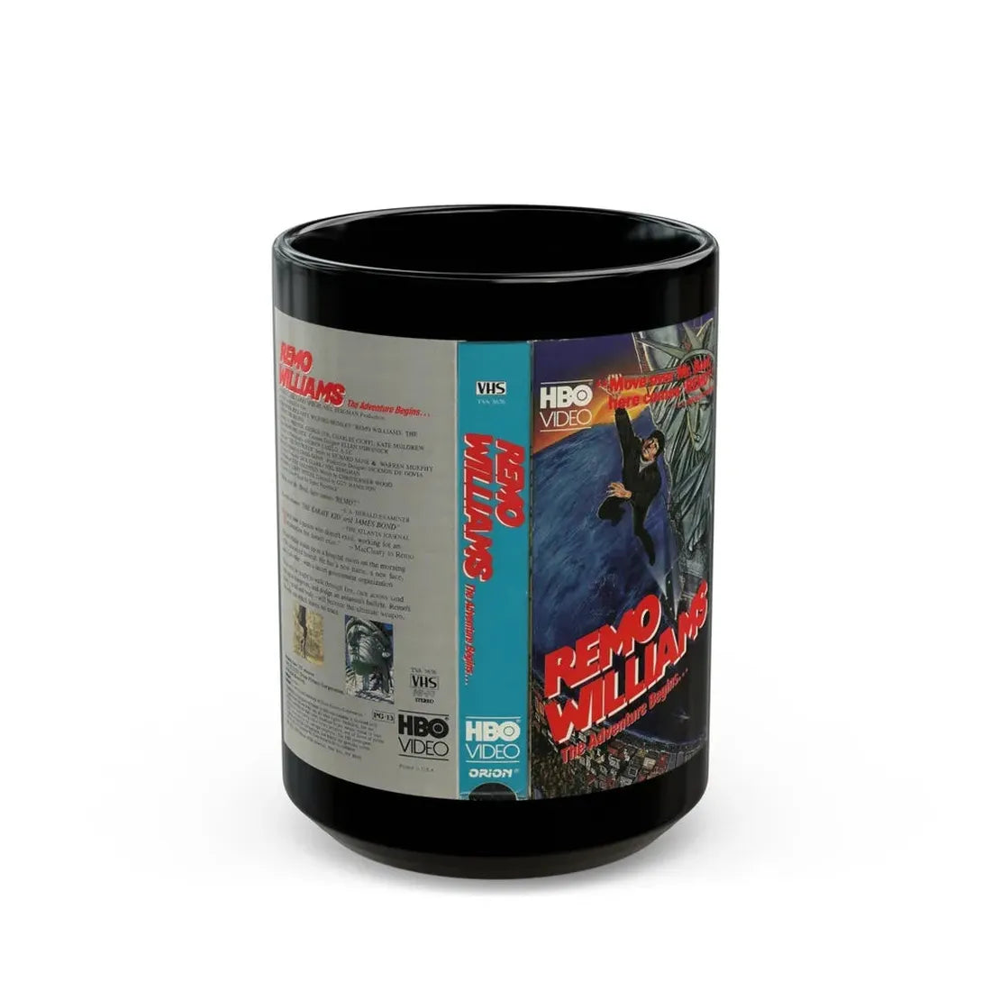REMO WILLIAMS THE ADVENTURE BEGINS HBO VIDEO (VHS COVER) - Black Coffee Mug 15oz - Go Mug Yourself