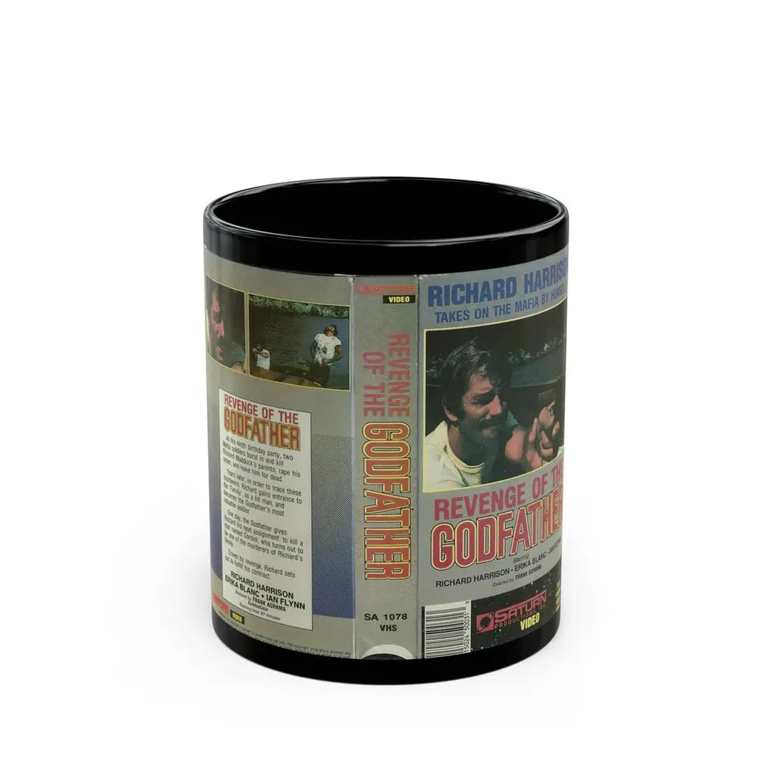 REVENGE OF THE GODFATHER RICHARD HARRISON (VHS COVER) - Black Coffee Mug 11oz - Go Mug Yourself