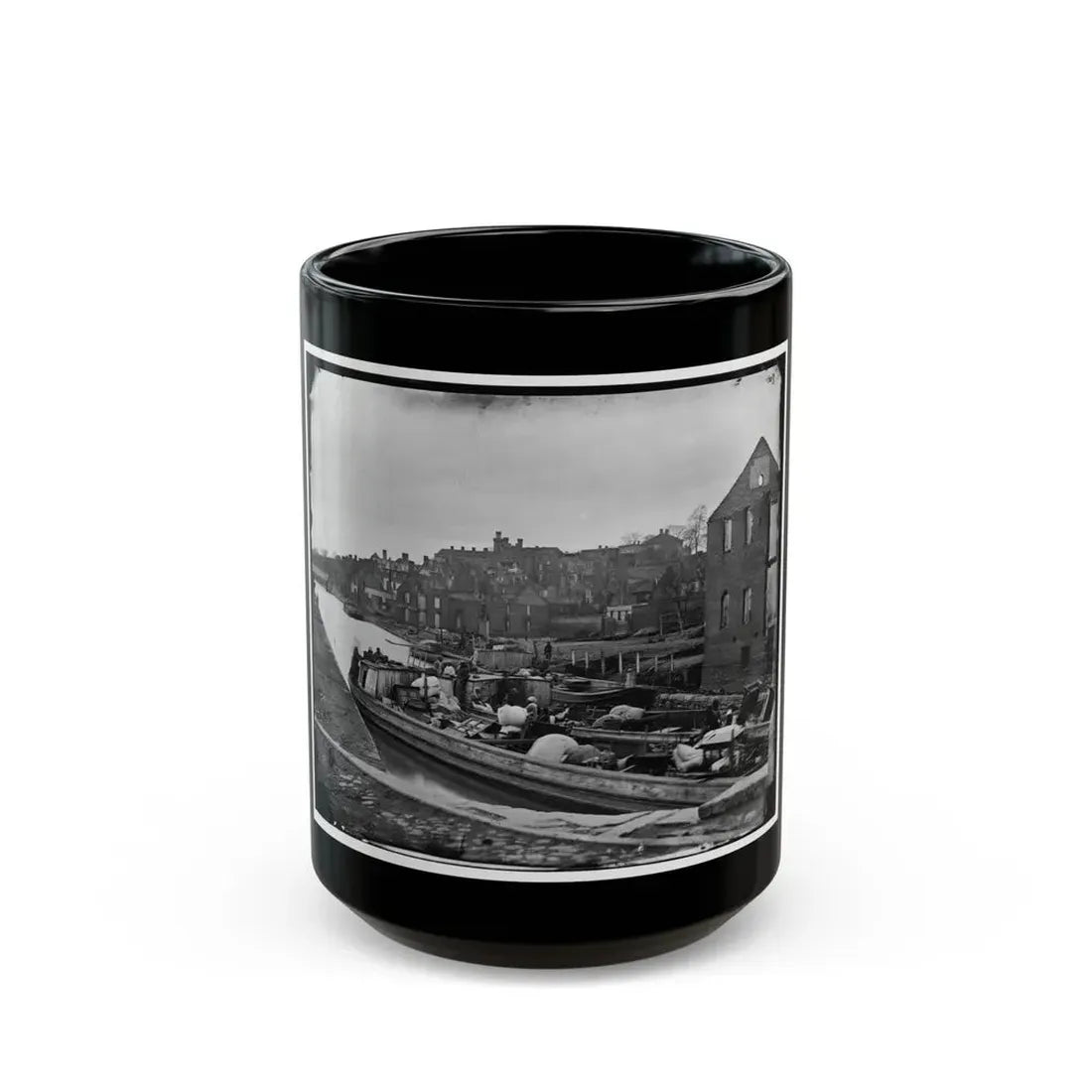 Richmond, Va. Barges With African Americans On The Canal; Ruined Buildings Beyond (U.S. Civil War) Black Coffee Mug 15oz - Go Mug Yourself