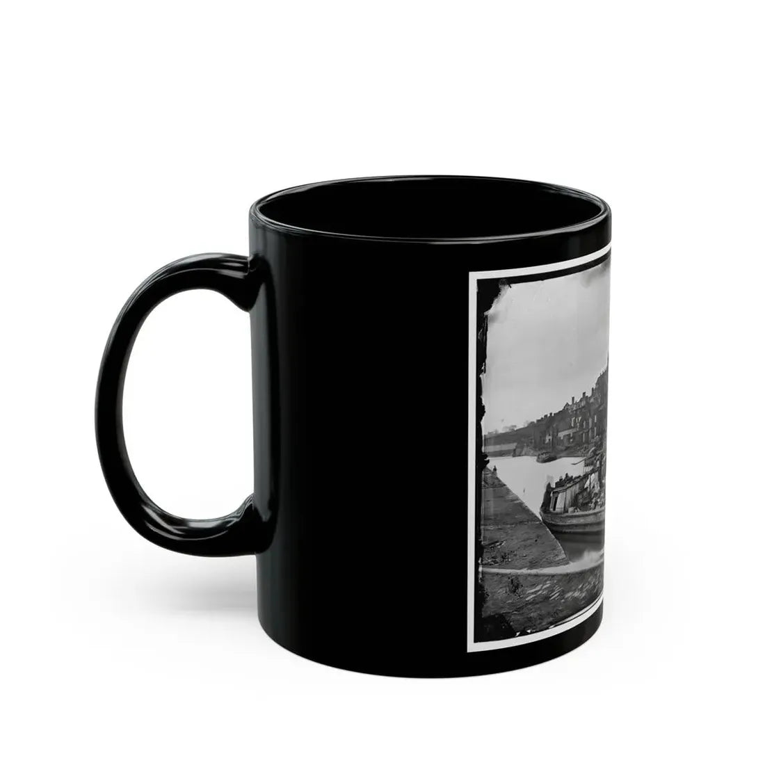 Richmond, Va. Barges With African Americans On The Canal; Ruined Buildings Beyond (U.S. Civil War) Black Coffee Mug - Go Mug Yourself