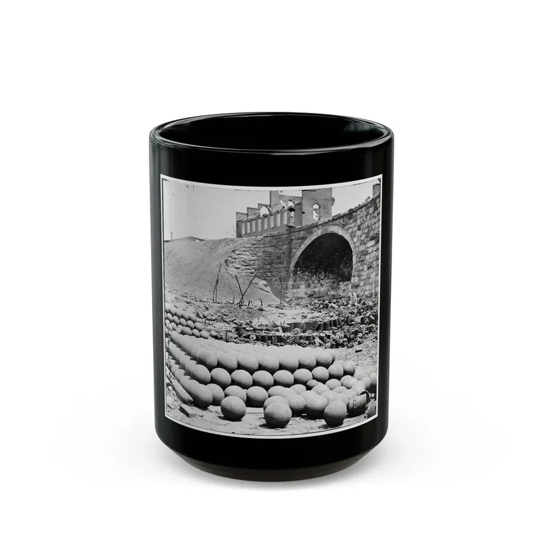 Richmond, Va. Piles Of Solid Shot, Canister, Etc., In The Arsenal Grounds; Richmond & Petersburg Railroad Bridge At Right (U.S. Civil War) Black Coffee Mug 15oz - Go Mug Yourself