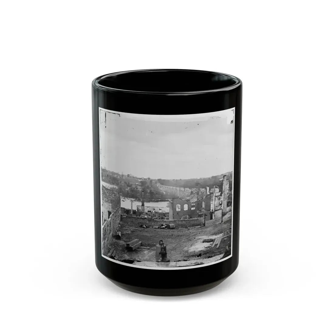 Richmond, Va. Ruins Of Richmond & Petersburg Railroad Bridge; South Bank Of The James Beyond (U.S. Civil War) Black Coffee Mug 15oz - Go Mug Yourself