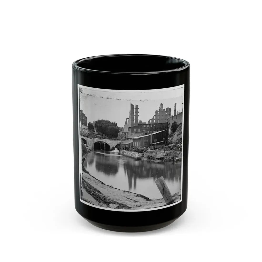 Richmond, Va. View On James River And Kanawha Canal Near The Haxall Flour Mills; Ruins Of The Gallego Mills Beyond (U.S. Civil War) Black Coffee Mug 15oz - Go Mug Yourself