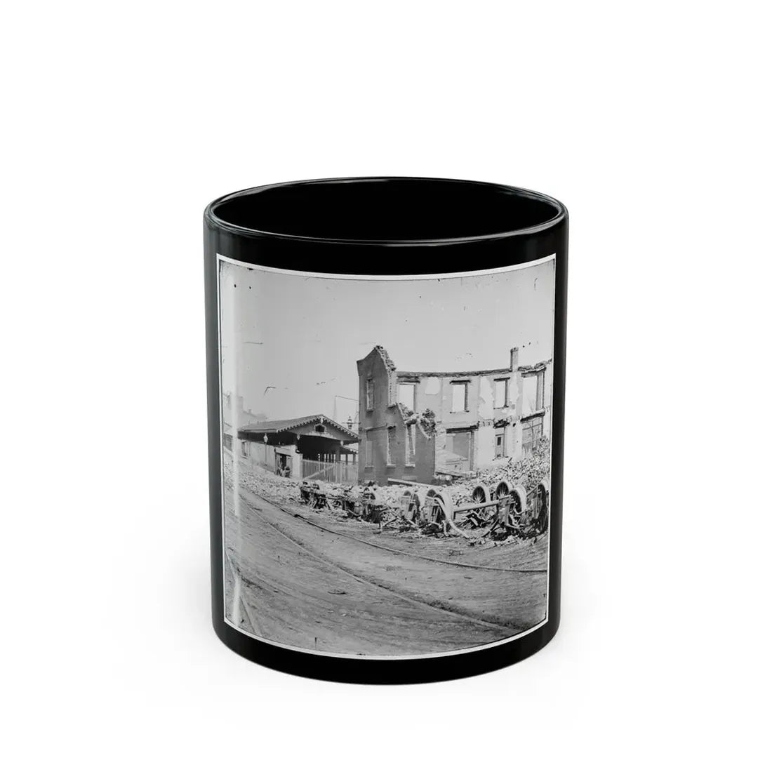 Richmond, Va. Wheels And Burned Railroad Cars Near Richmond & Petersburg Railroad Station (U.S. Civil War) Black Coffee Mug 11oz - Go Mug Yourself