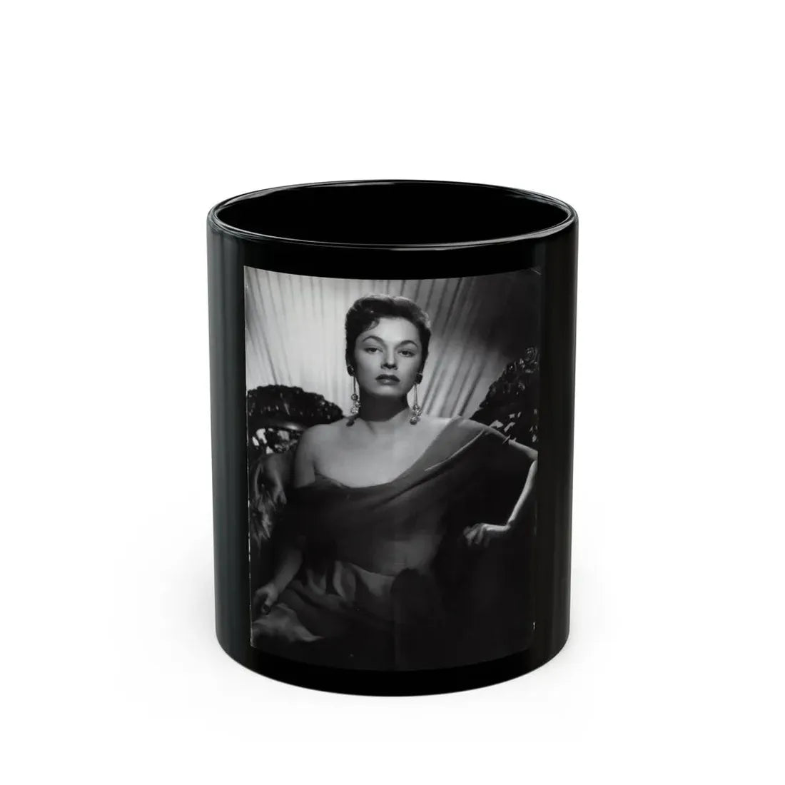Ruth Roman #102 - 8.5x10.5 B&W Upper Body Glamour Photo on Magazine Page (Vintage Female Icon) Black Coffee Mug 11oz - Go Mug Yourself