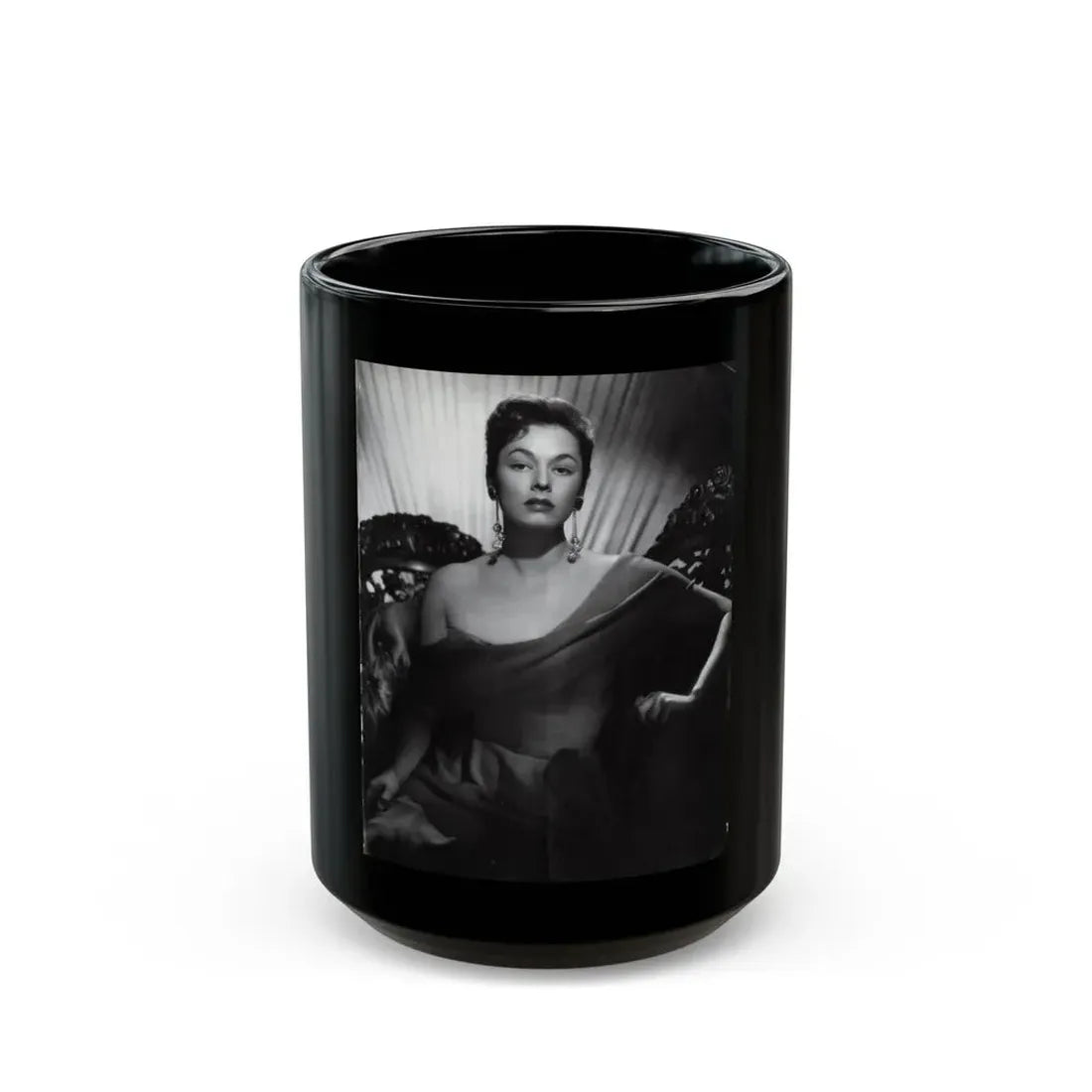 Ruth Roman #102 - 8.5x10.5 B&W Upper Body Glamour Photo on Magazine Page (Vintage Female Icon) Black Coffee Mug 15oz - Go Mug Yourself