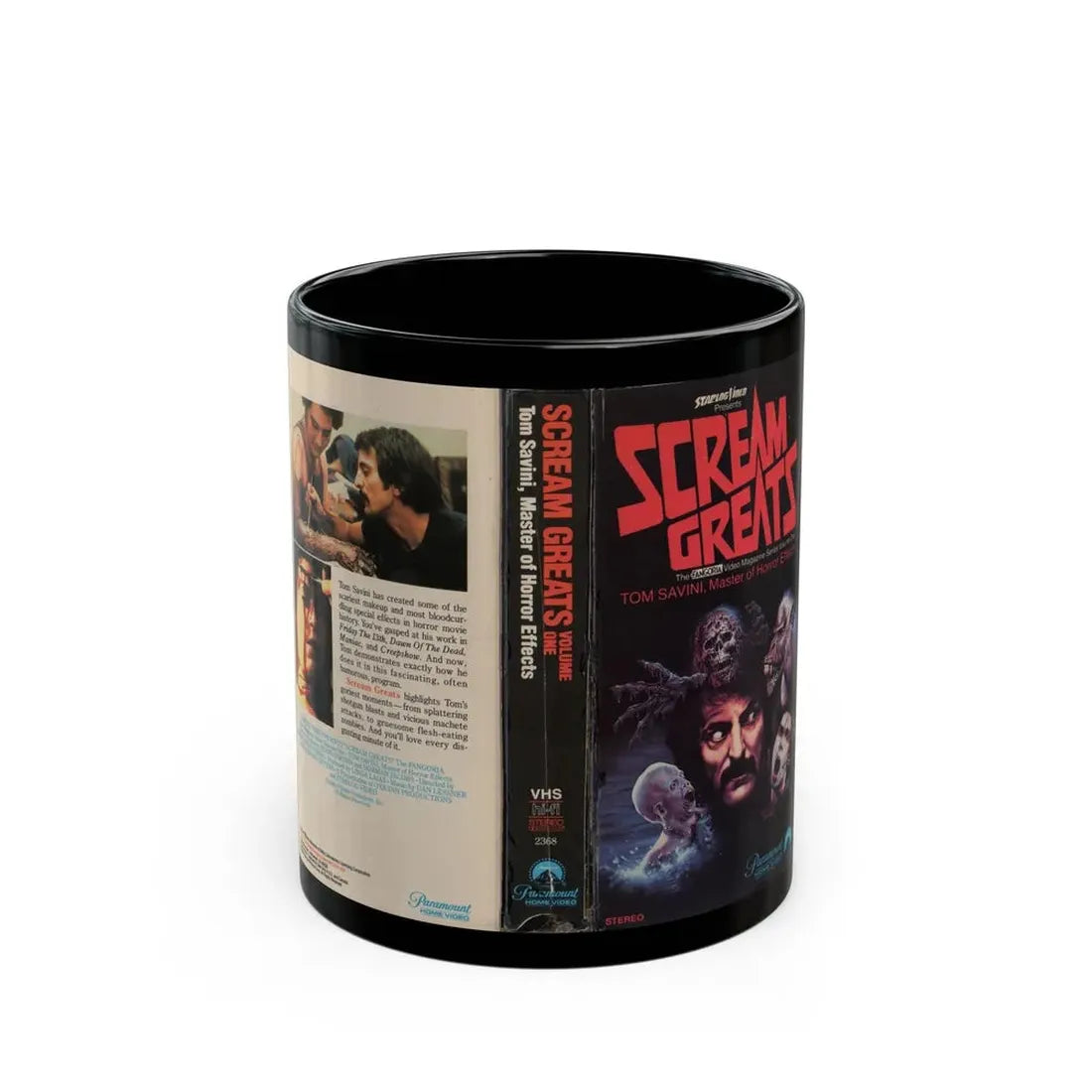 SCREAM GREATS THE FANGORIA VIDEO MAGAZINE VOLUME ONE TOM SAVINI STARLOG VIDEO (VHS COVER) - Black Coffee Mug 11oz - Go Mug Yourself