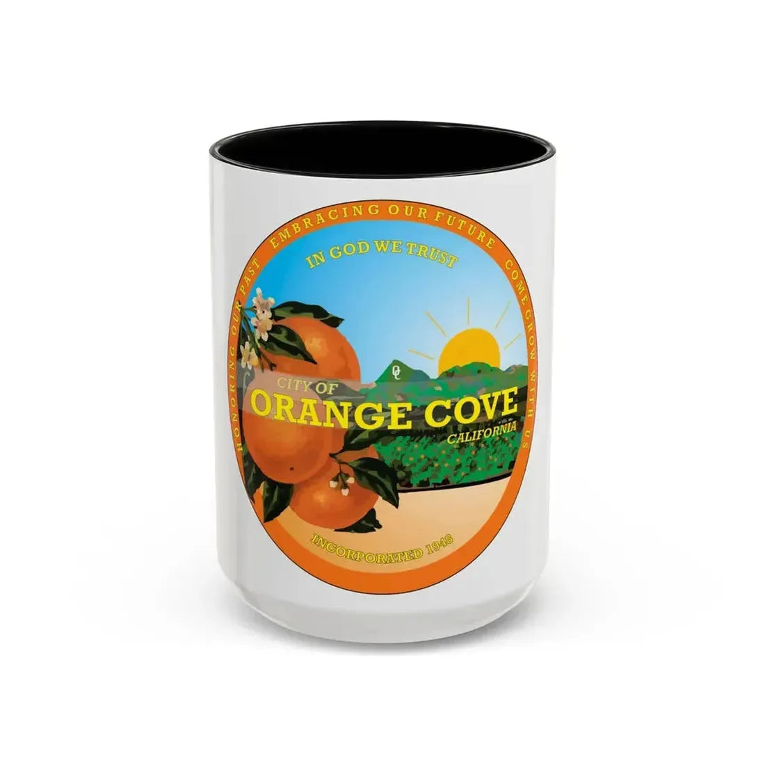 Seal of Orange Cove California - Accent Coffee Mug 15oz Black - Go Mug Yourself