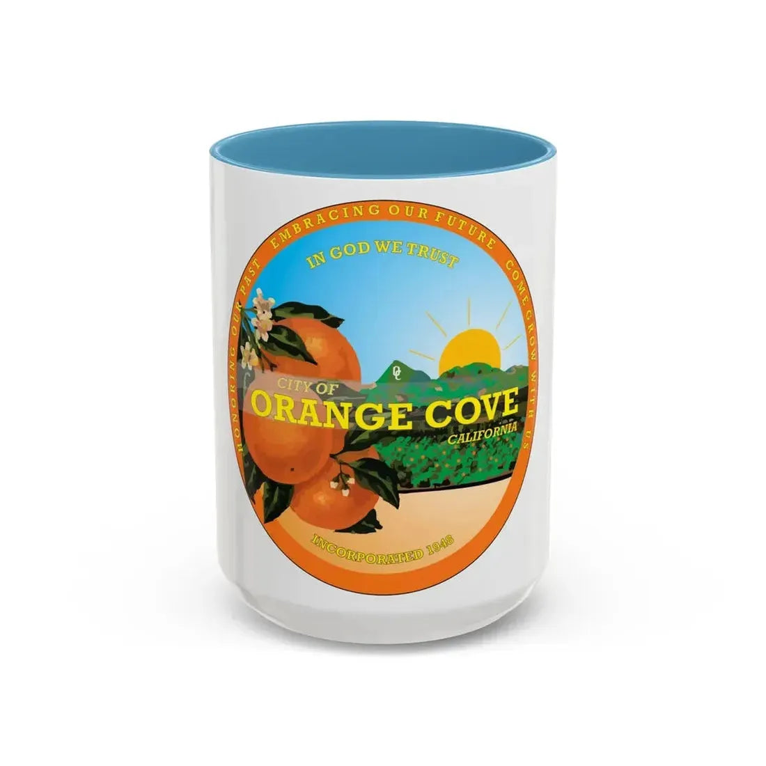 Seal of Orange Cove California - Accent Coffee Mug 15oz Light Blue - Go Mug Yourself
