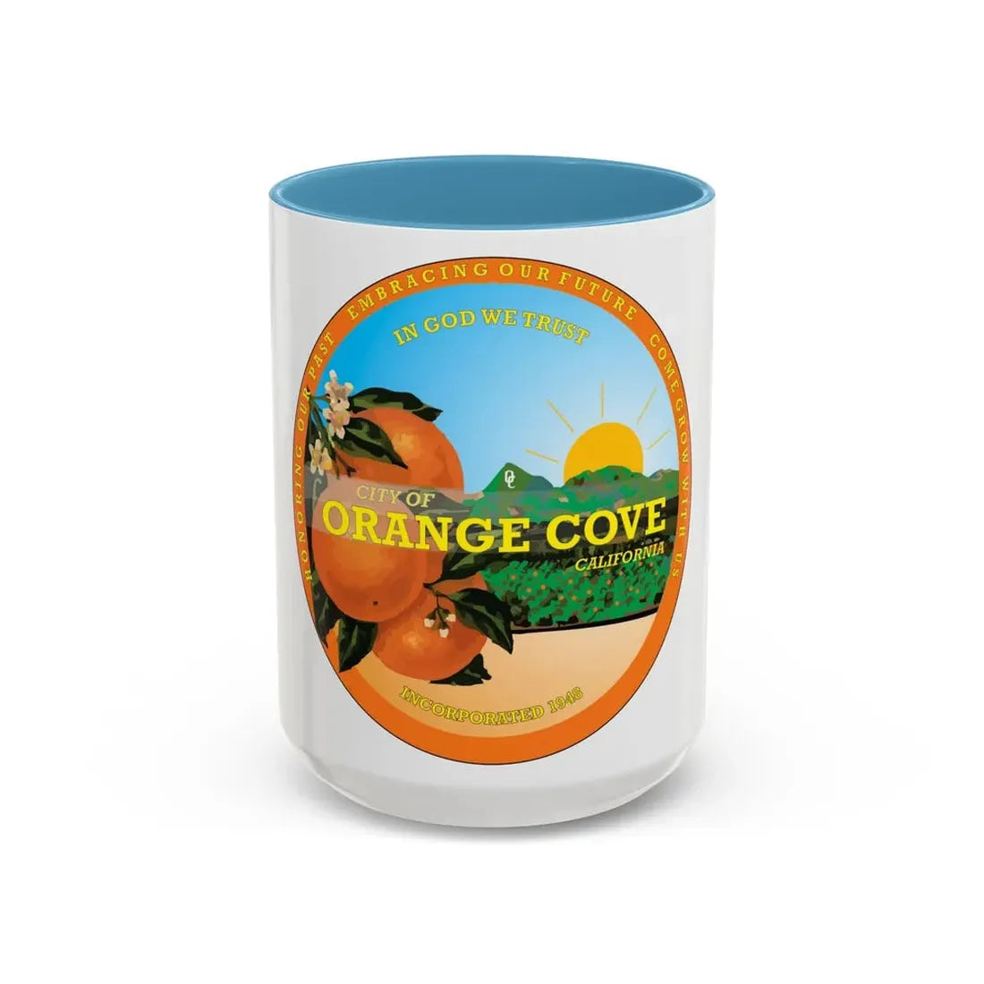 Seal of Orange Cove California - Accent Coffee Mug 15oz Light Blue - Go Mug Yourself
