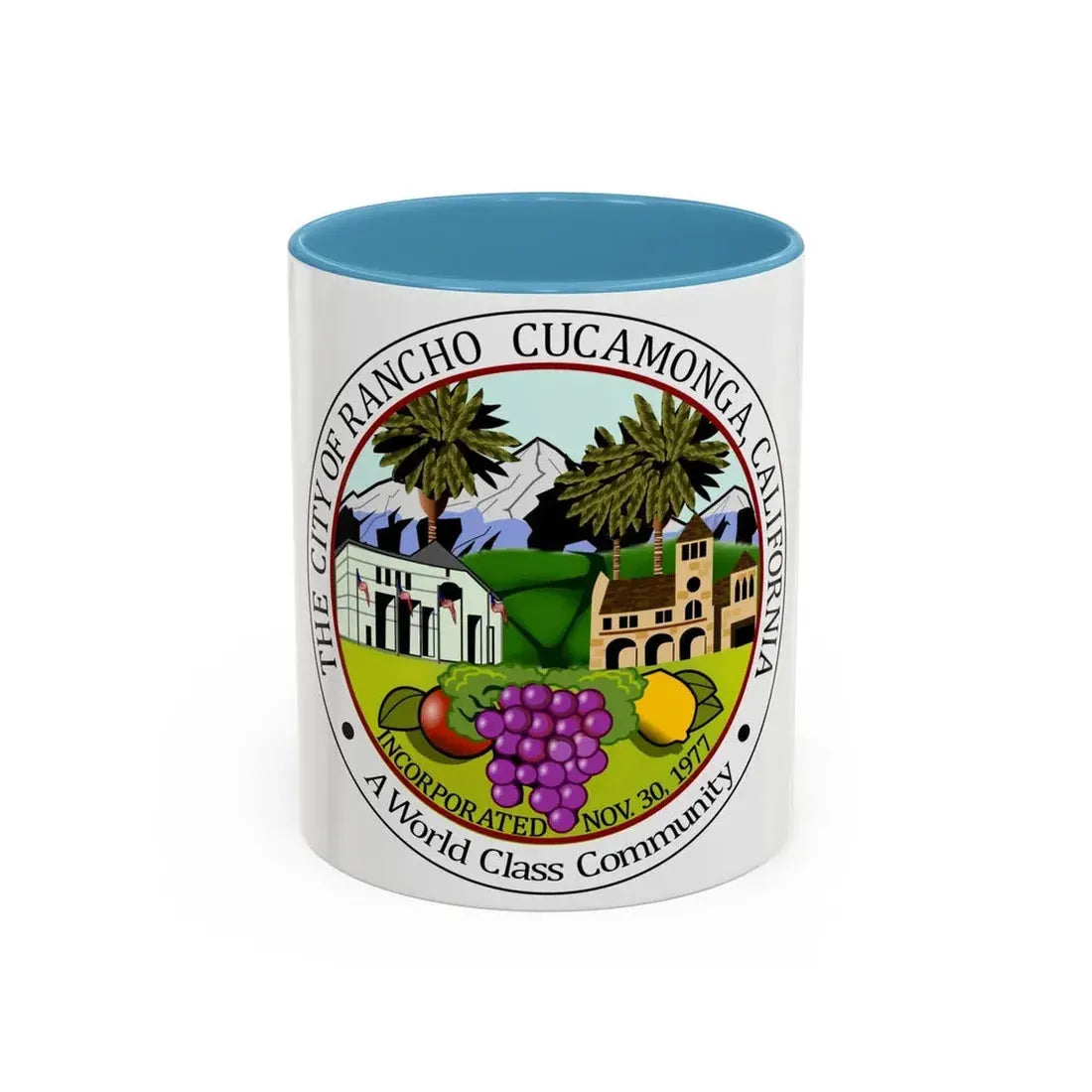 Seal of Rancho Cucamonga California - Accent Coffee Mug 11oz Light Blue - Go Mug Yourself