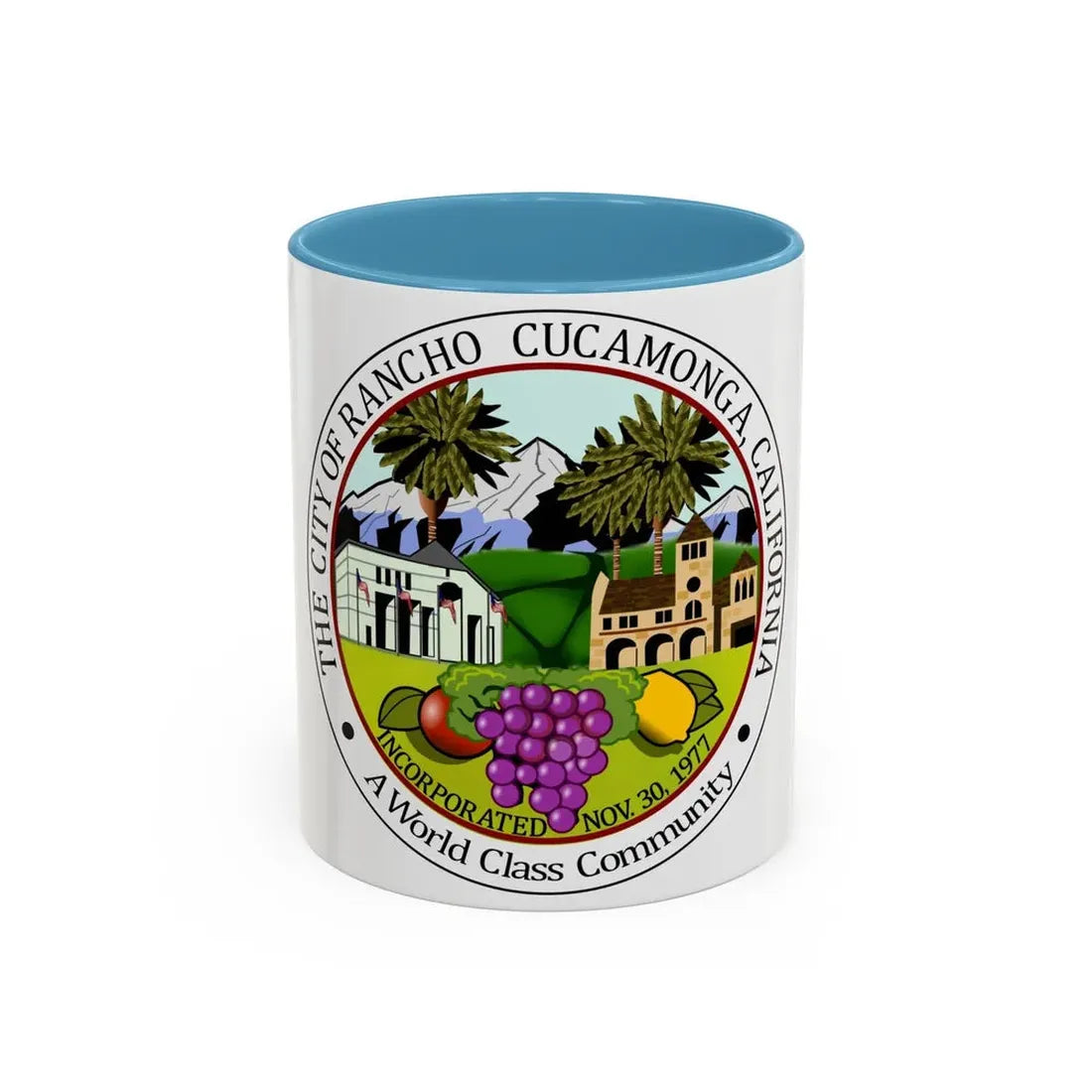 Seal of Rancho Cucamonga California - Accent Coffee Mug 11oz Light Blue - Go Mug Yourself
