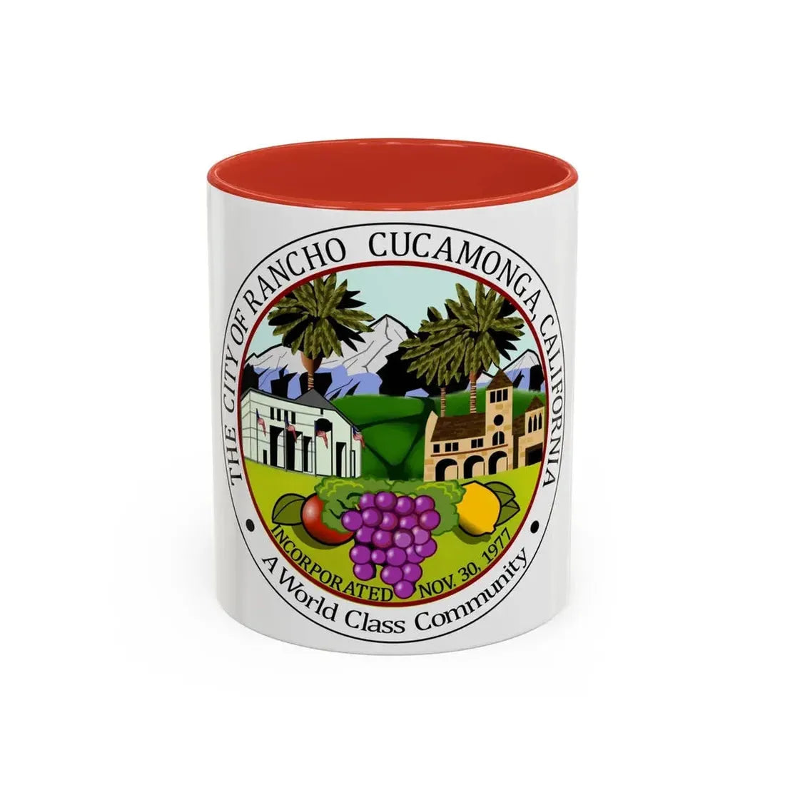 Seal of Rancho Cucamonga California - Accent Coffee Mug 11oz Red - Go Mug Yourself