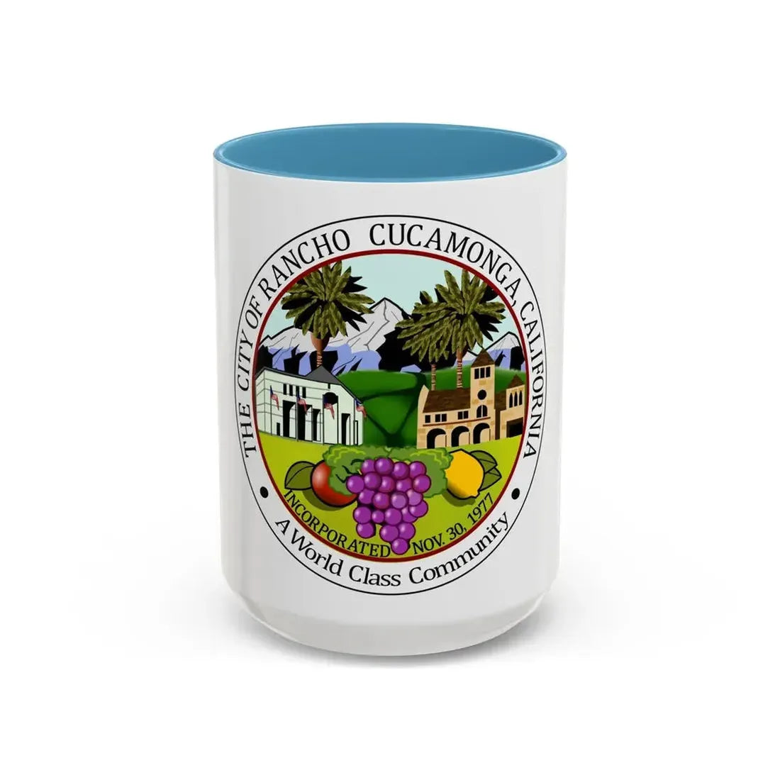 Seal of Rancho Cucamonga California - Accent Coffee Mug 15oz Light Blue - Go Mug Yourself