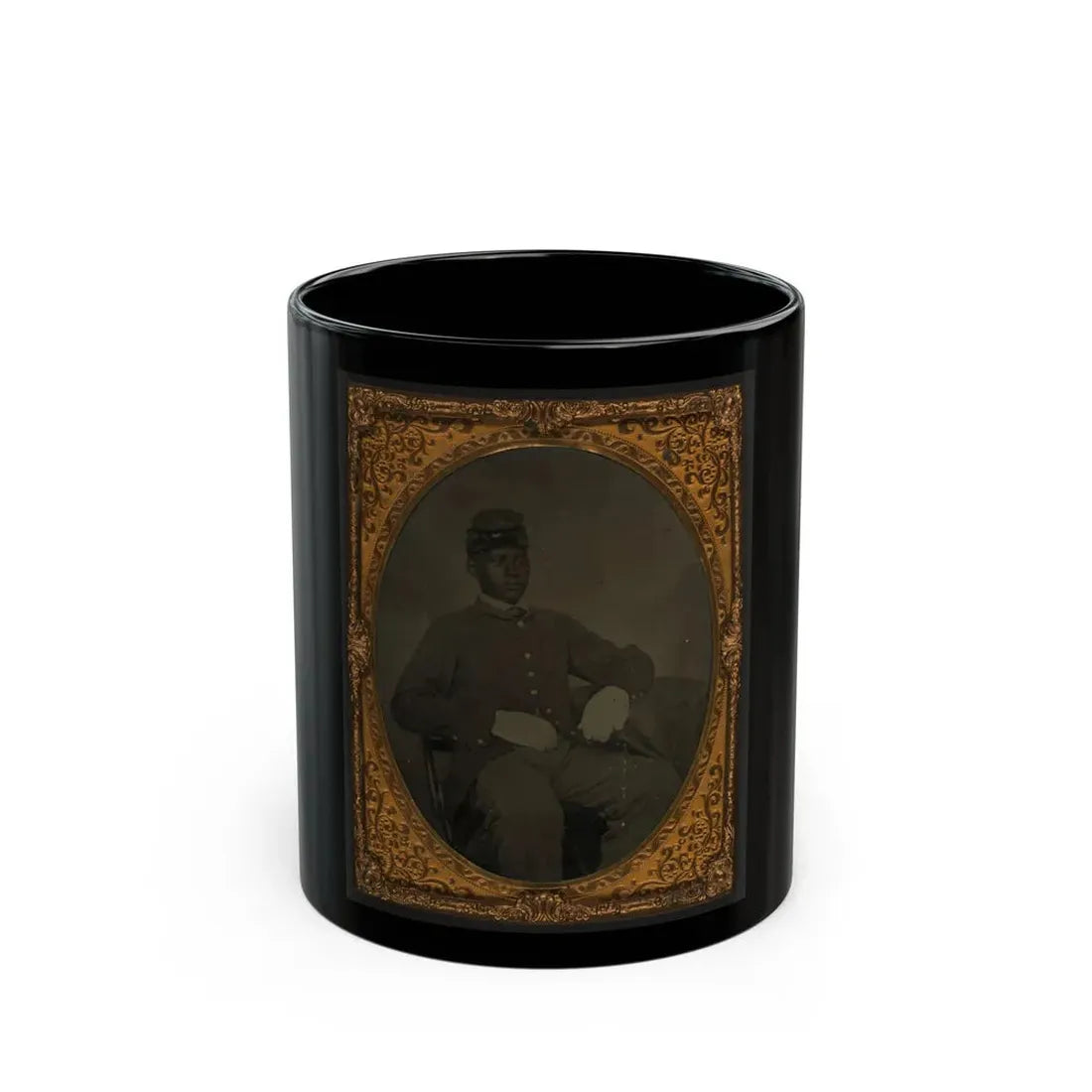 Seated Black Soldier, Frock Coat, Gloves, Kepi (U.S. Civil War) Black Coffee Mug 11oz - Go Mug Yourself