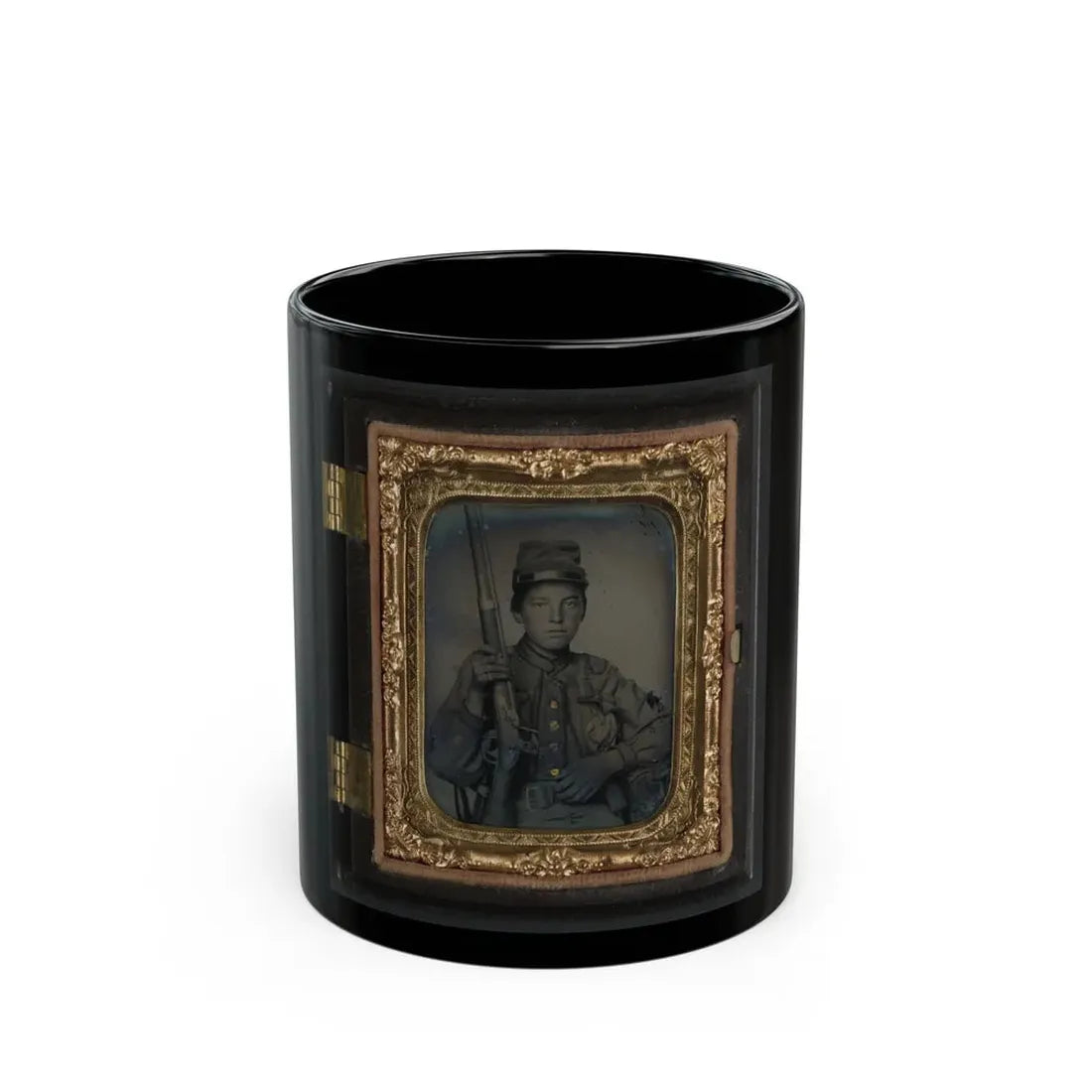 Sergeant William T. Biedler, 16 Years Old, Of Company C, Mosby's Virginia Cavalry Regiment With Flintlock Musket (U.S. Civil War) Black Coffee Mug 11oz - Go Mug Yourself