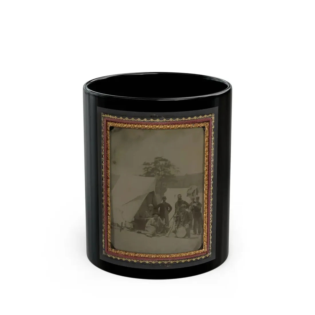 Seven Unidentified Soldiers In Union Uniforms With Drum And Stacked Rifles In Front Of Tent (U.S. Civil War) Black Coffee Mug 11oz - Go Mug Yourself