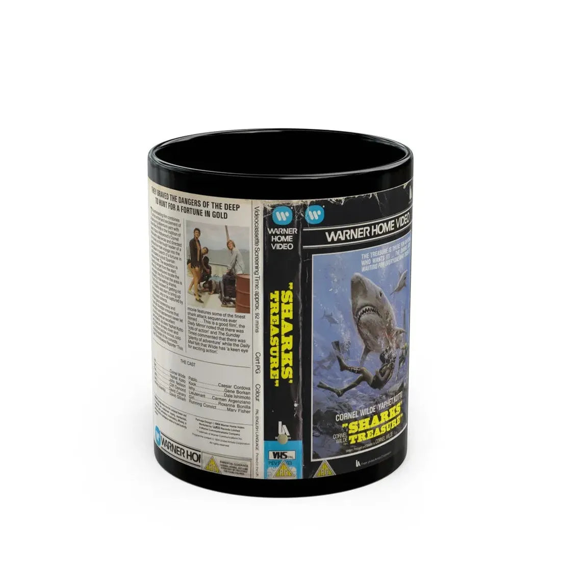SHARKS TREASURE WARNER HOME VIDEO (VHS COVER) - Black Coffee Mug 11oz - Go Mug Yourself