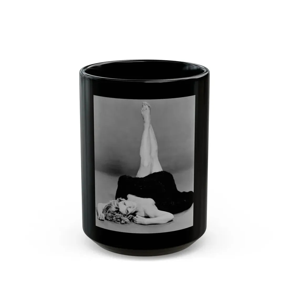 Sheree North #07 - 8x10 Full Body B&W Nude in Fur Cheesecake Photo cira 1960's (Vintage Female Icon) Black Coffee Mug 15oz - Go Mug Yourself