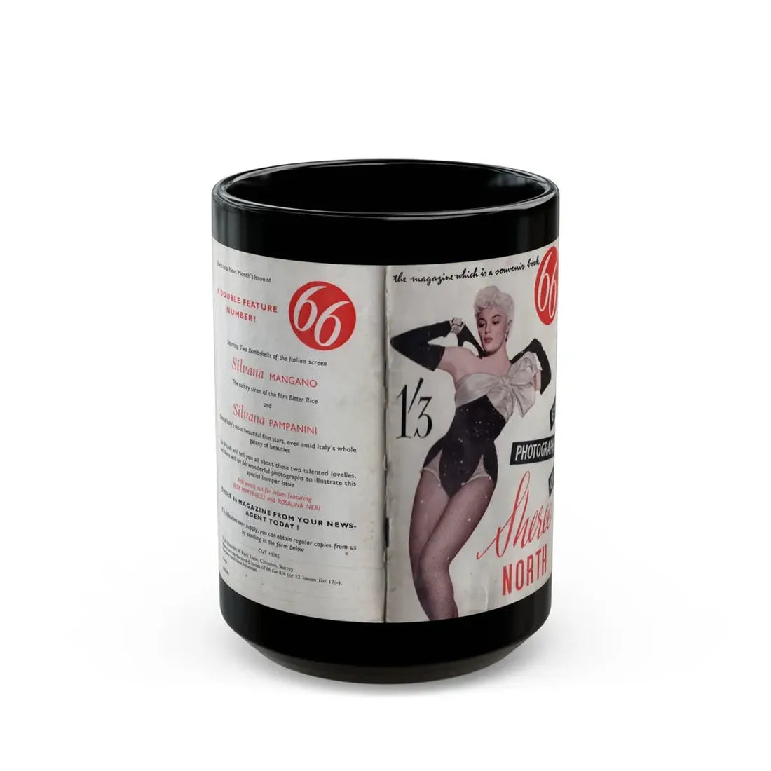 Sheree North #147 - 66 PHOTOGRAPHS OF Sheree NORTH U.K. Pocket Mag. Front Cover Page 1 & Back Cover (Vintage Female Icon) Black Coffee Mug 15oz - Go Mug Yourself