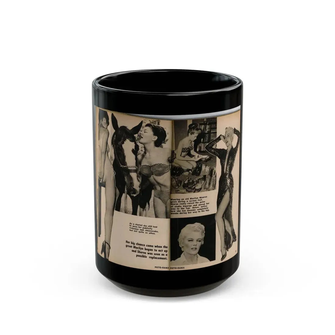 Sheree North #316 - 5 B&W Photos & Captions from Foto-rama Digest Mag. February '56 (Vintage Female Icon) Black Coffee Mug 15oz - Go Mug Yourself