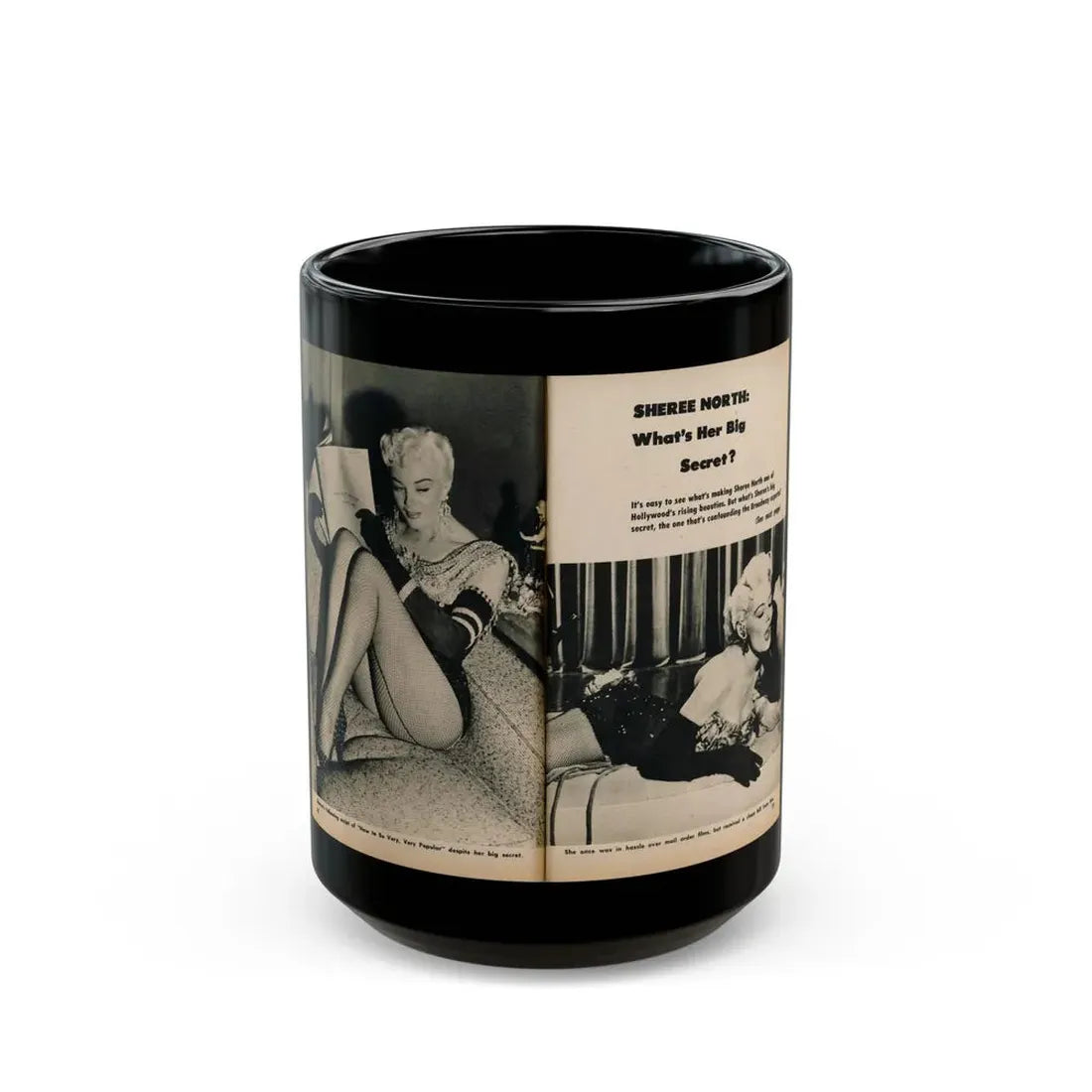 Sheree North #331 - picture DIGEST Mag. Dec. '55 - 2 Pages, 2 B&W Photos & Captions (Vintage Female Icon) Black Coffee Mug 15oz - Go Mug Yourself
