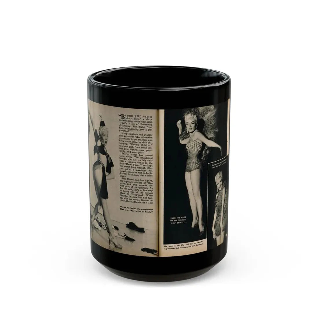 Sheree North #332 - picture DIGEST Mag. Dec. '55 - 2 Pages, 3 B&W Photos, Short Article & captions (Vintage Female Icon) Black Coffee Mug 15oz - Go Mug Yourself